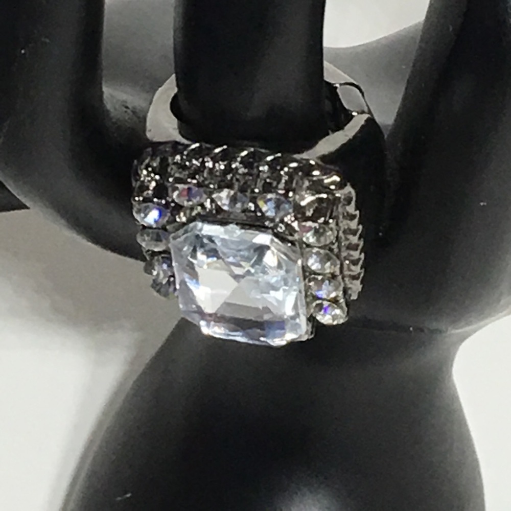 Faux Diamond Gun Metal Adjustable Ring