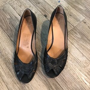 Frye black leather peep toe pumps
