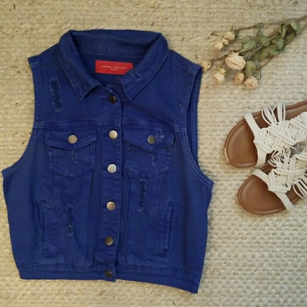 Akira Chicago Distressed Blue Denim Vest