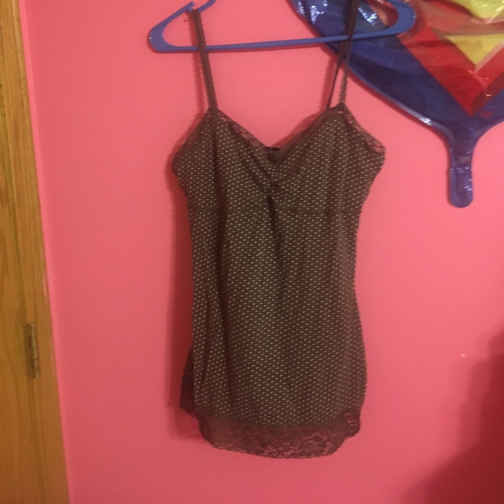 Brown&White Polka Dot Spaghetti Strap Shirt W/Lace