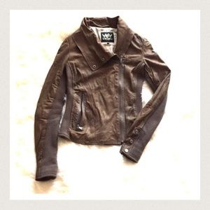 River Island Brown Leather Funnel Neck Jacket