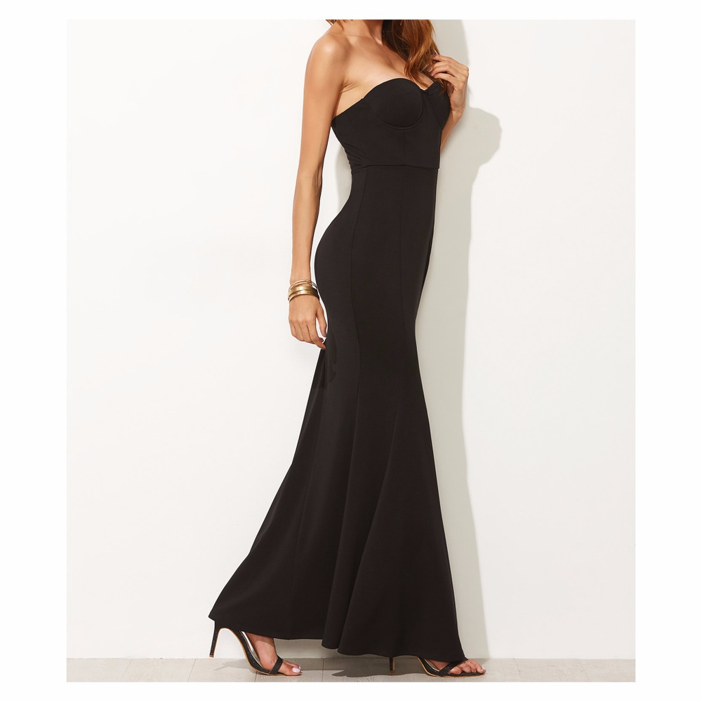 Black Fishtail Bustier Bandeau Long Dress - Picture 2 of 7