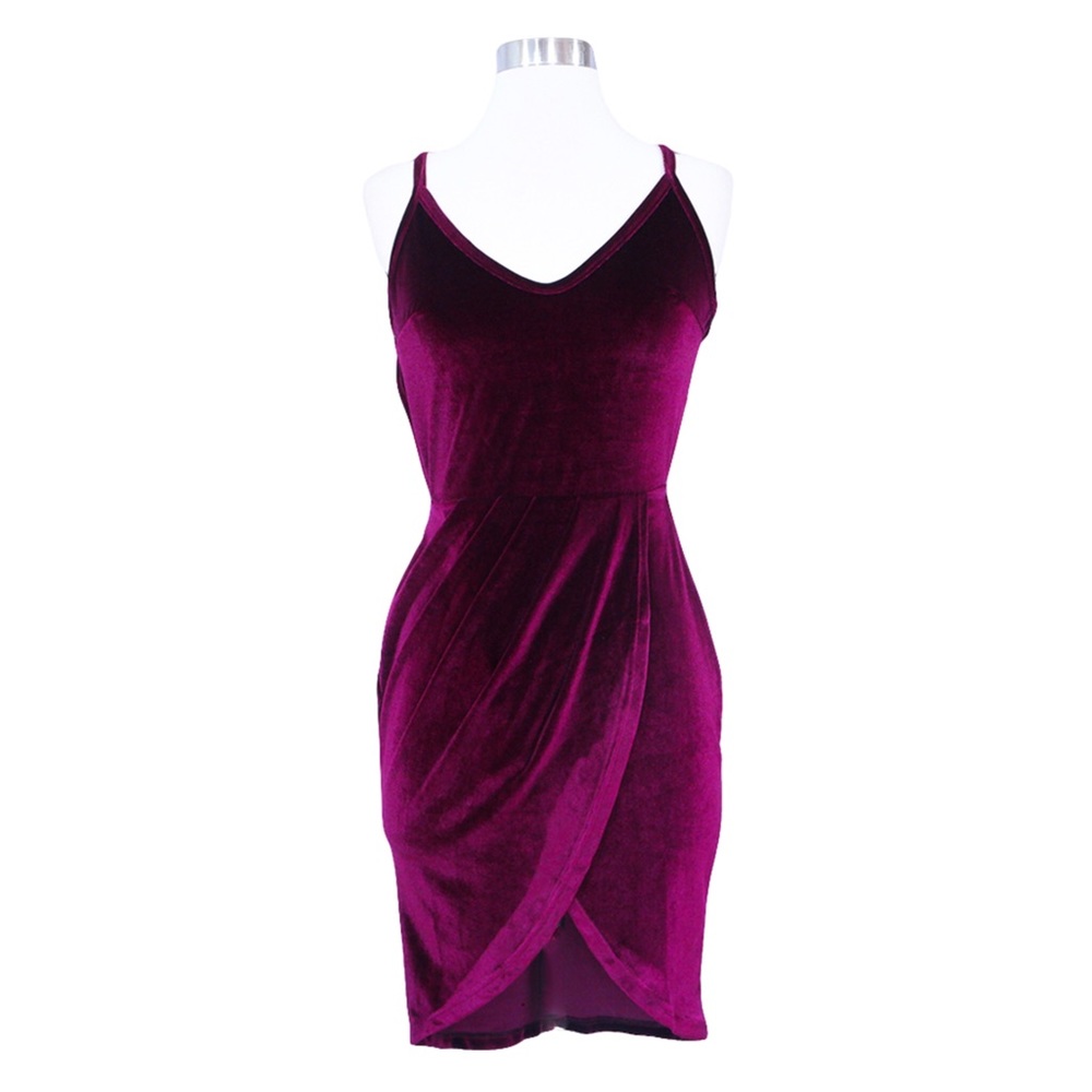 Backless Velvet Wrap Dress Burgundy Red - Picture 5 of 7