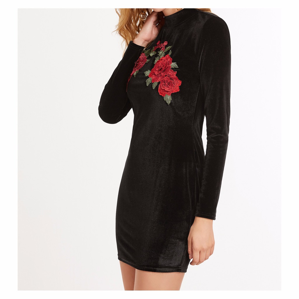 Black Red Roses Velvet Bodycon Dress - Picture 3 of 7