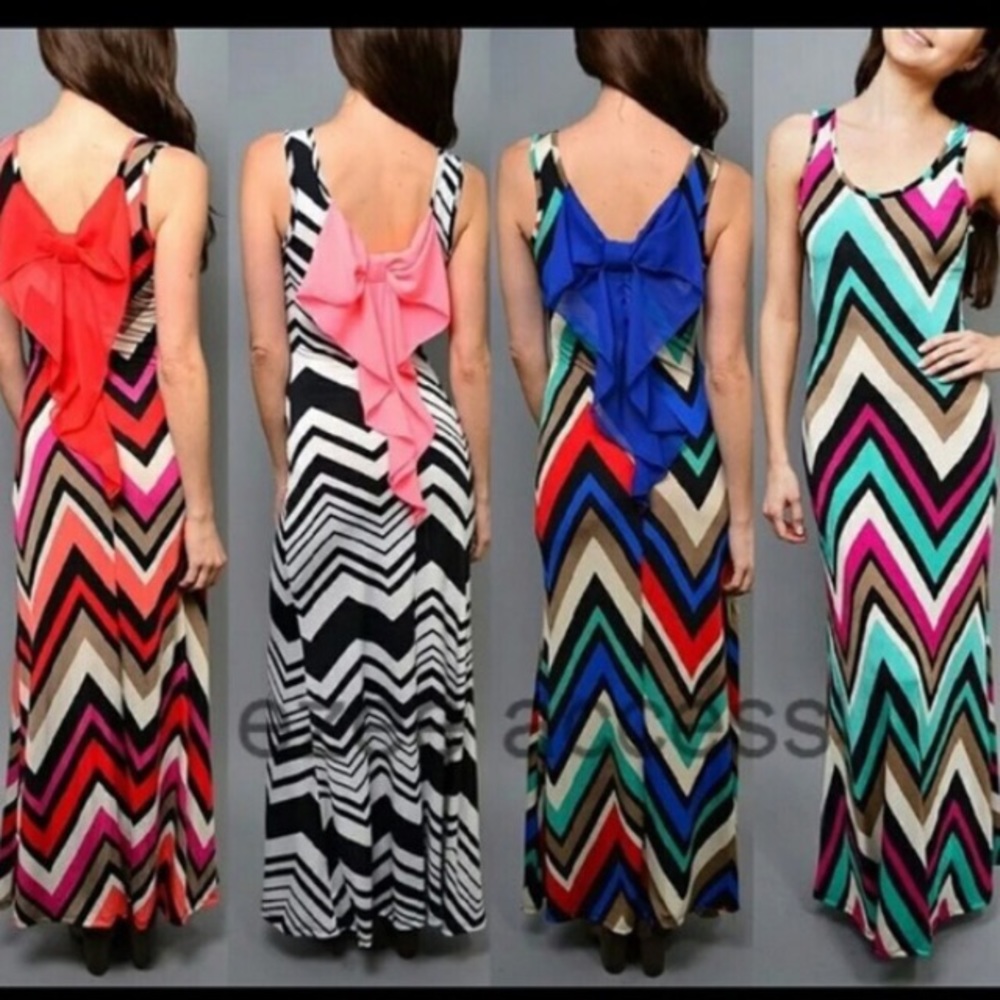Long chevron maxi dress back bow sexy S-L - Picture 1 of 3