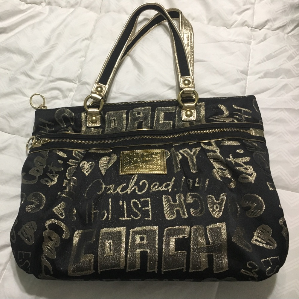 Black and gold COACH tote style purse
