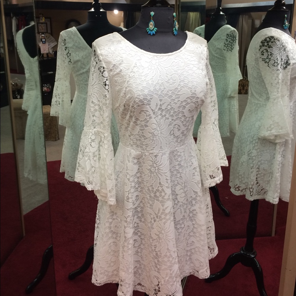 White Lace Dress with Bell Sleeve