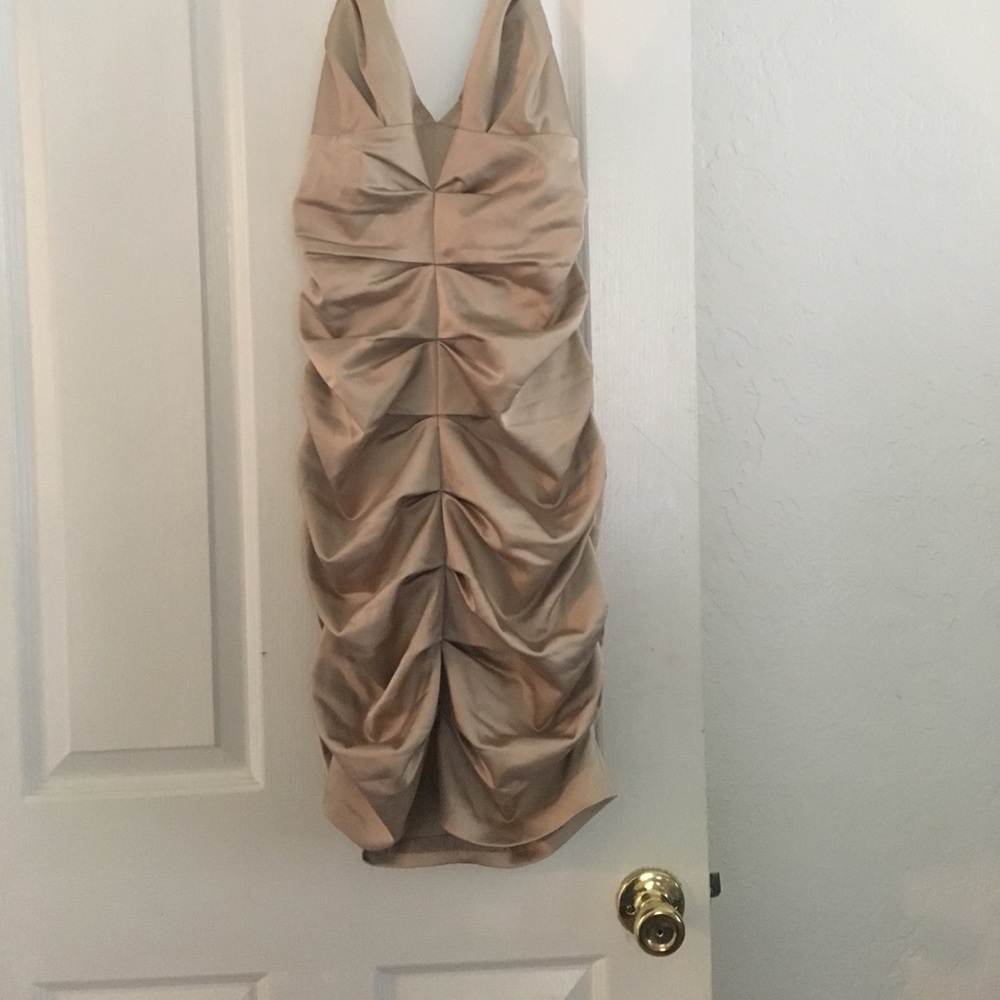 BcBG champagne color rouched bandage dress.