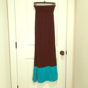 Black maxi dress with teal silk bottom