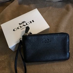 Black Coach Pebbled Leather Double Corner Wristlet