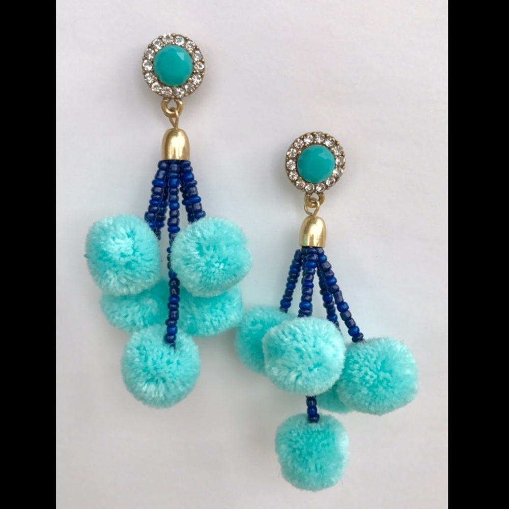 Blue Multi Pom Pom Drop Earrings