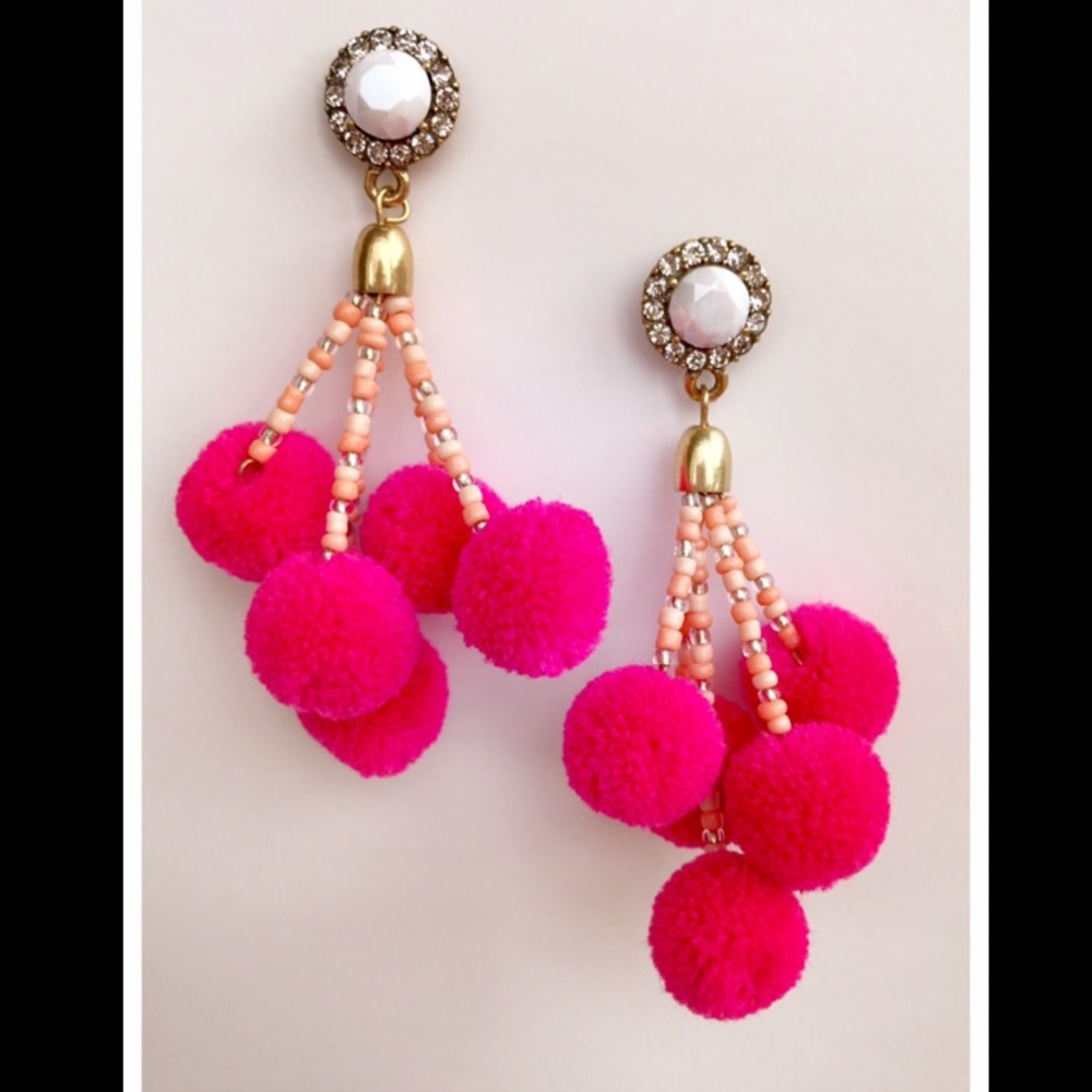 Hot Pink Multi Pom Pom Drop Earrings