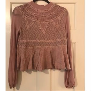 Free People Long Sleeve High Neck Semi-Sheer Top