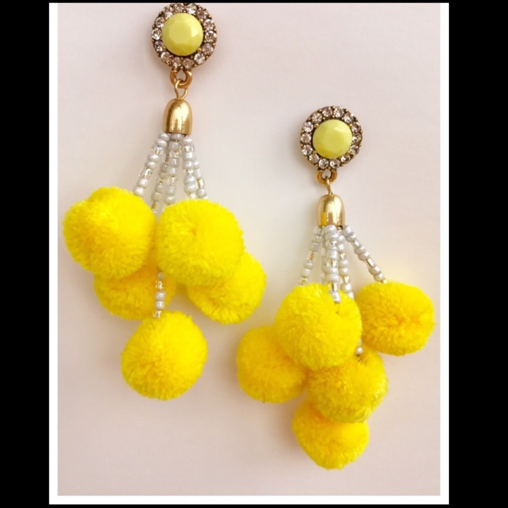 Yellow Multi Pom Pom Drop Earrings