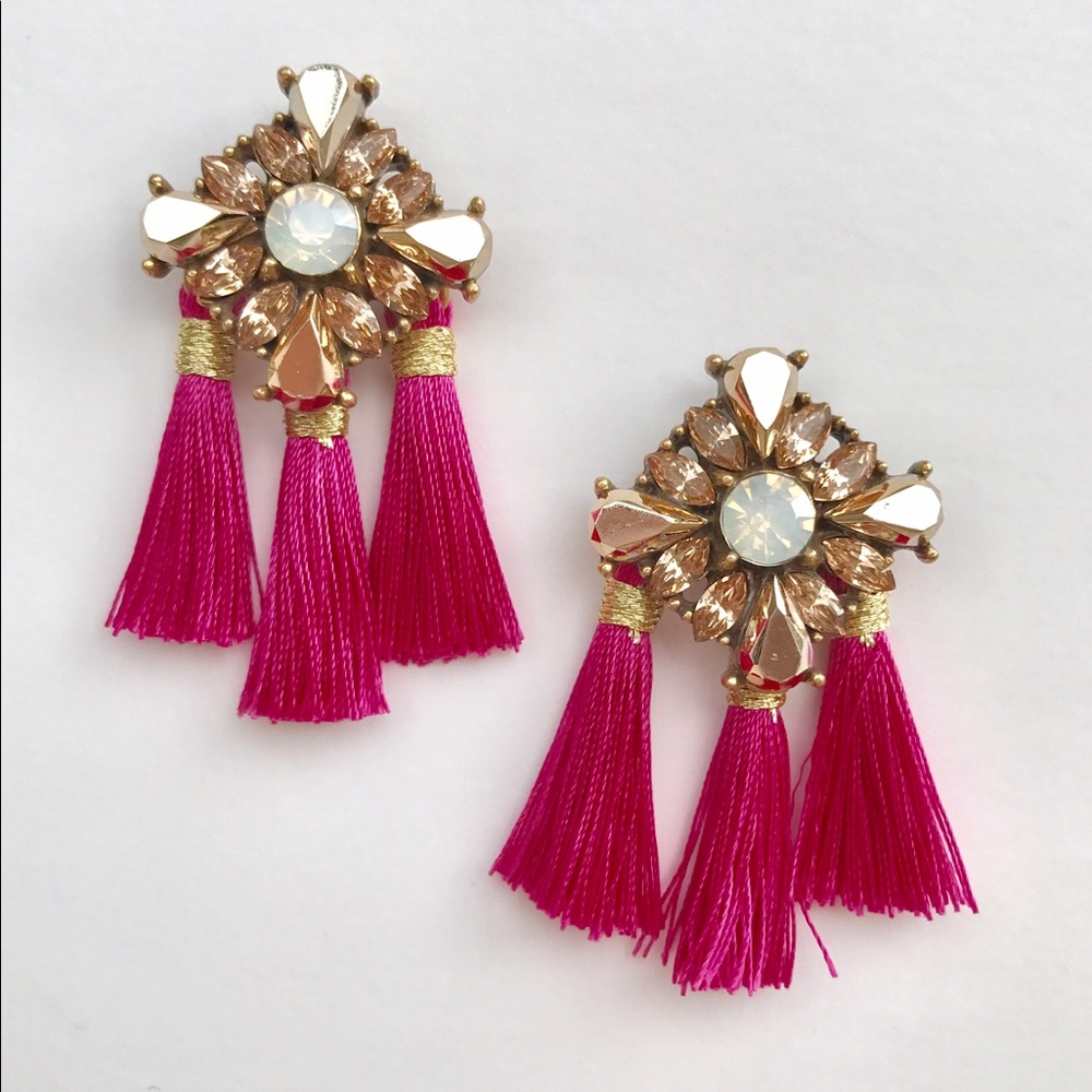 Pink Multi Rhinestone Tassel Earrings