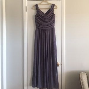 Pale purple Dessy Collection bridesmaid dress.