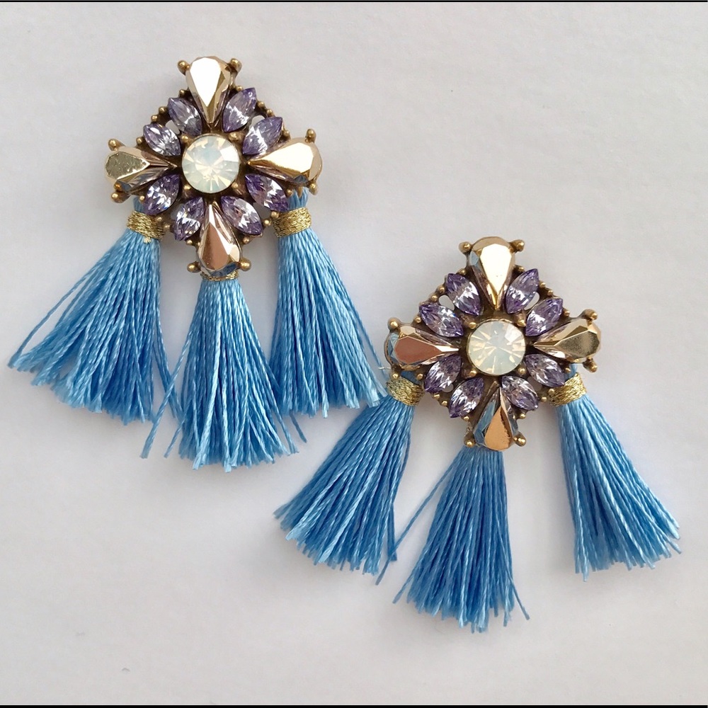 Blue Multi Rhinestone Tassel Earrings