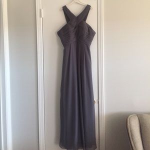 Bill Levcoff dark gray long bridesmaid dress.