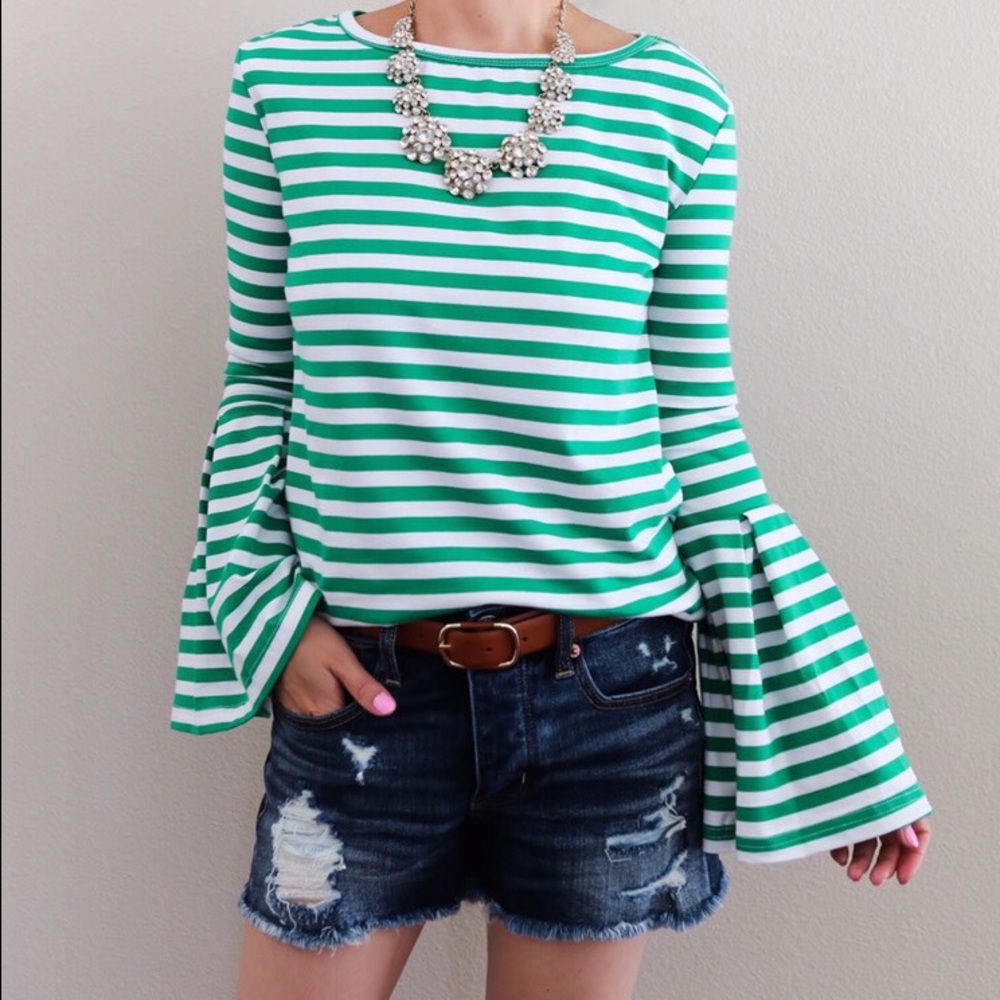 Green and white striped bell sleeve top