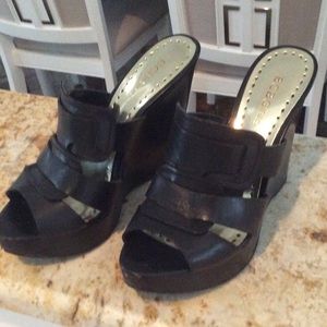 BCBG girls black leather wedge heel size 7