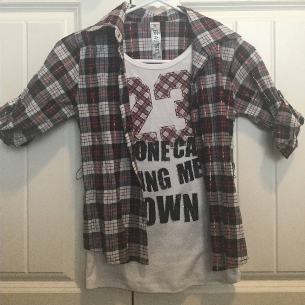 Red, black, and white plaid half sleeve shirt