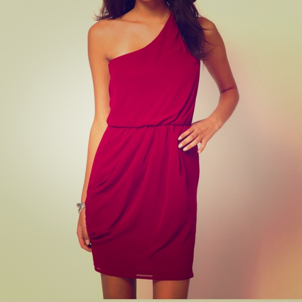 BCBG one shoulder wine- colored dress.