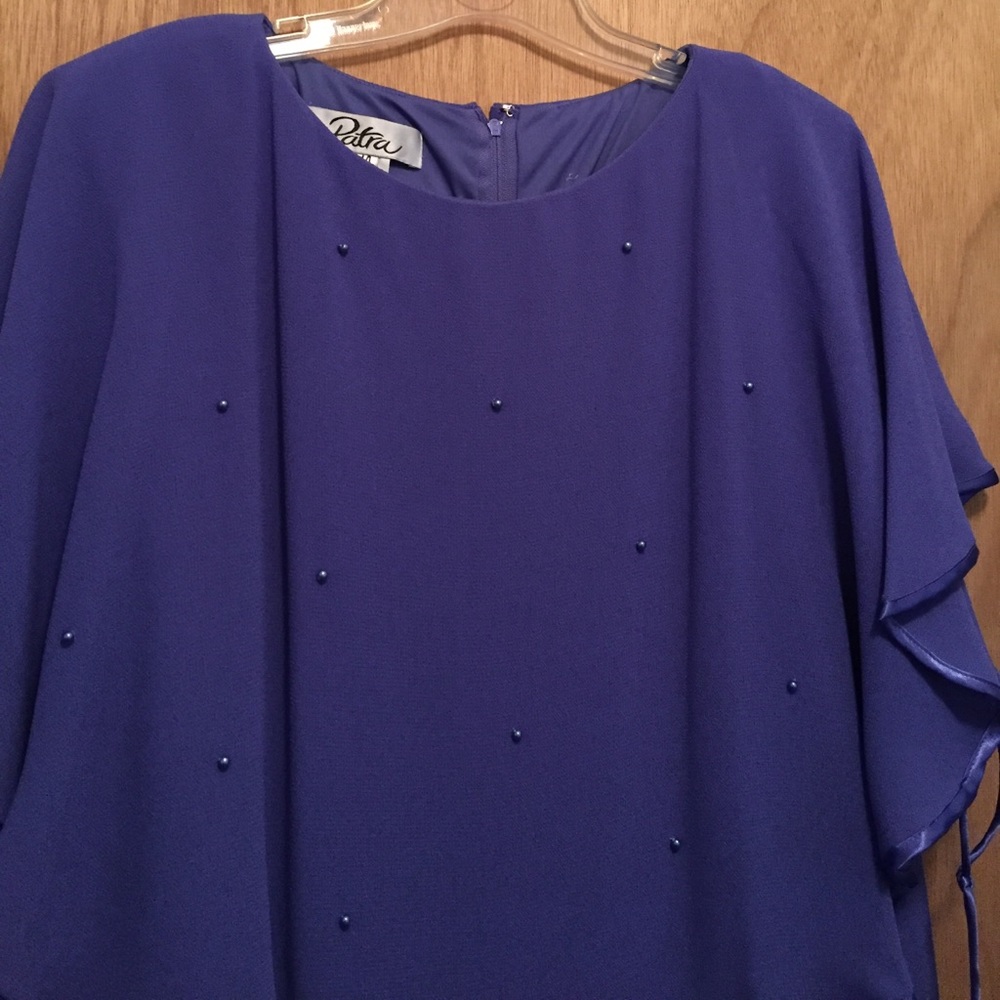 Periwinkle, evening dress. Tiered, pearl decor.