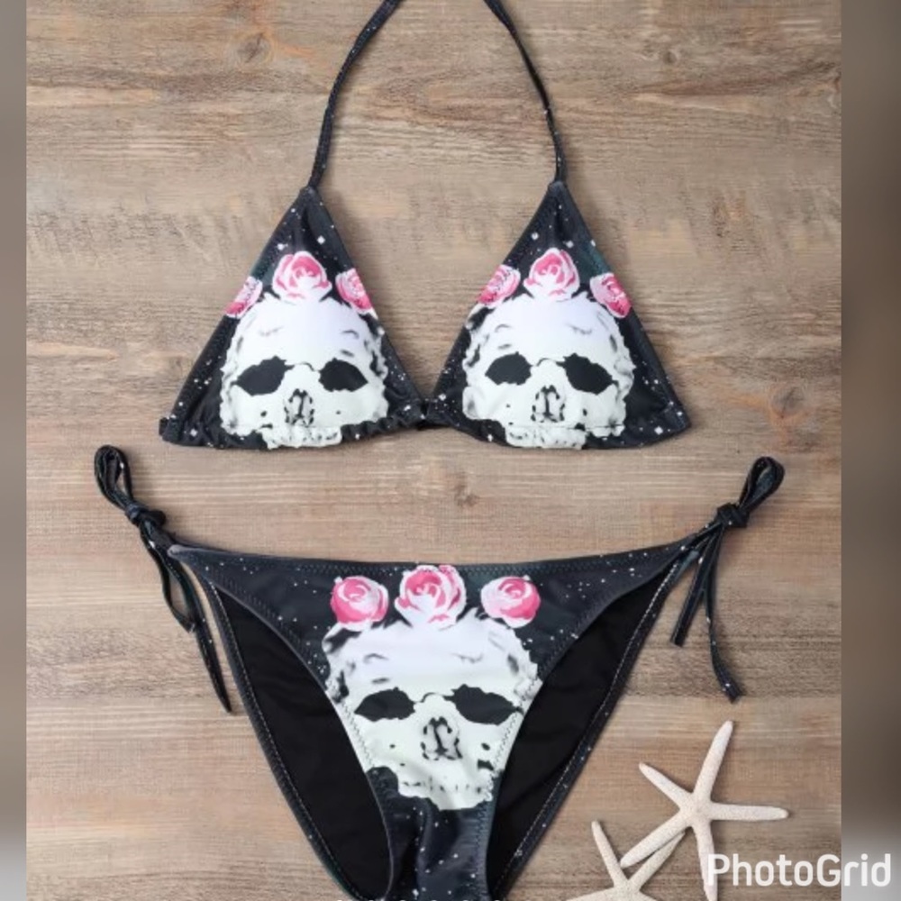 String Floral and Skull Bikini Set, Size M, New