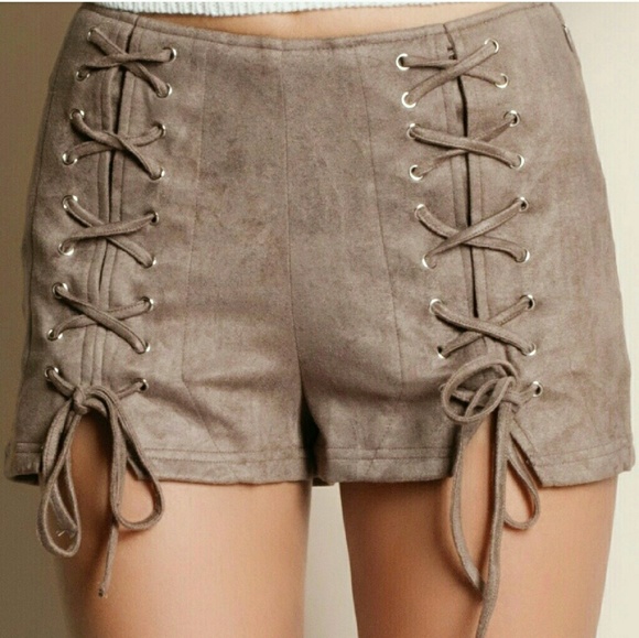 - Last 1 - Lace Up Vegan Microfiber Suede Shorts - Picture 4 of 6