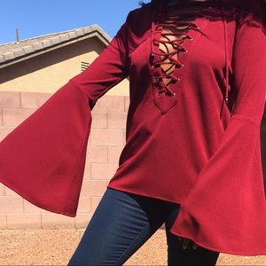Burgundy Lace up Blouse