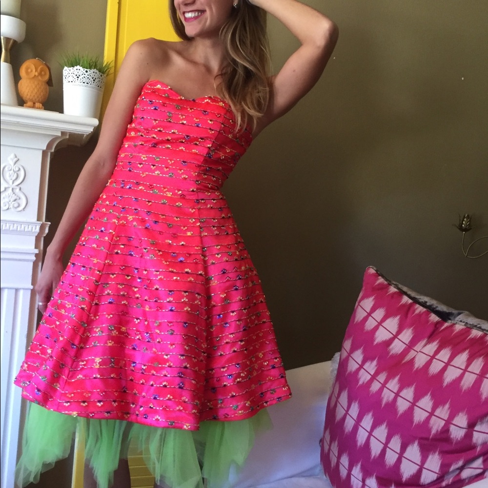 Pink prom dress with lime green toile