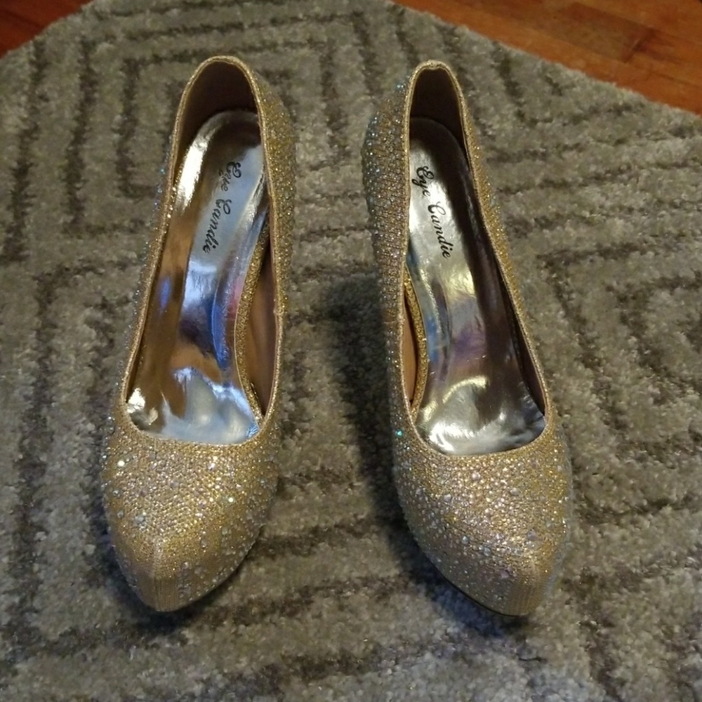 Gorgeous Gold Shimmer Heels with Opal Rhinestones