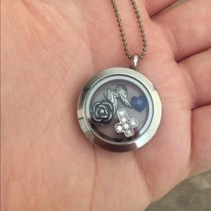 Origami Owl necklace w/ cross, wing, flower&stone