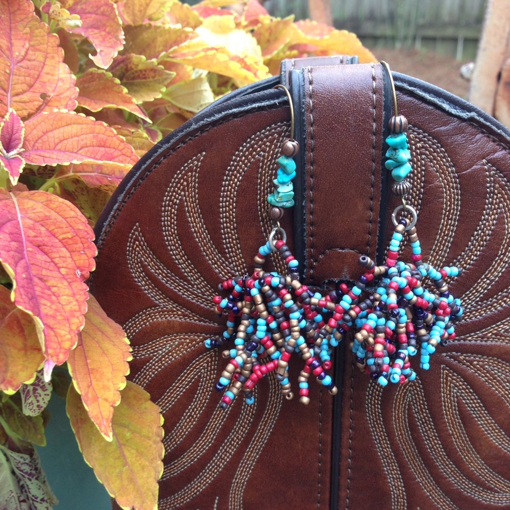 Earrings, Seed Bead Clusters, Turquoise Nuggets