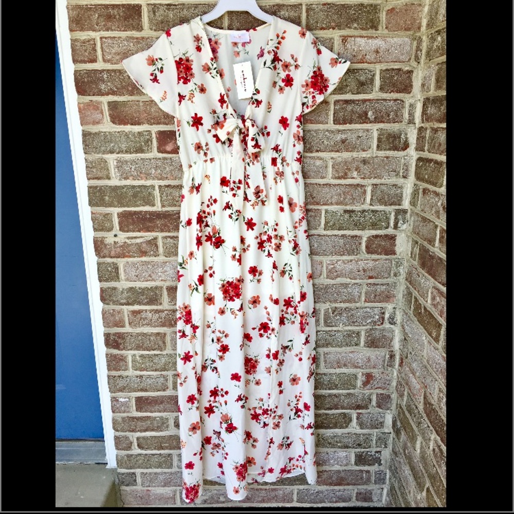 White Floral Maxi Dress with Slit