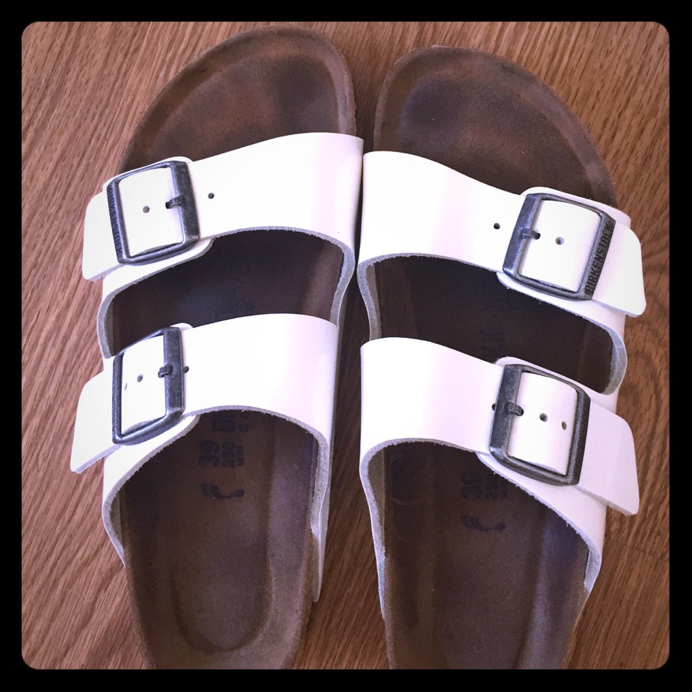 Birkenstocks white patent