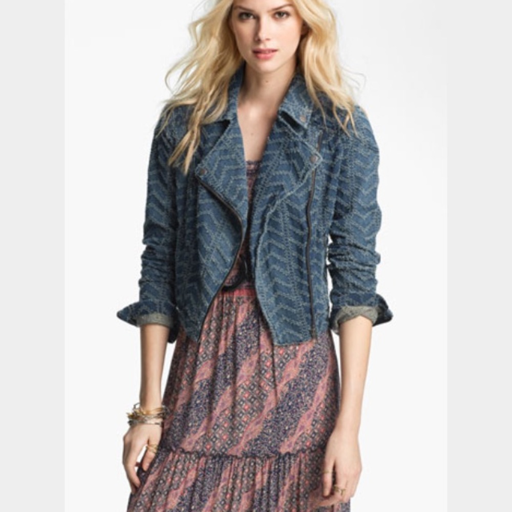 Free People punched Denim  biker moto jacket 6