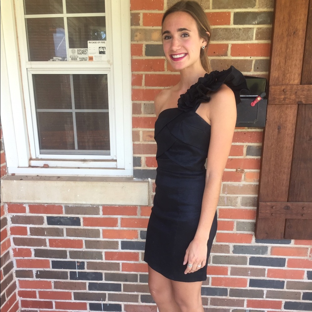 Black one shoulder formal mini dress