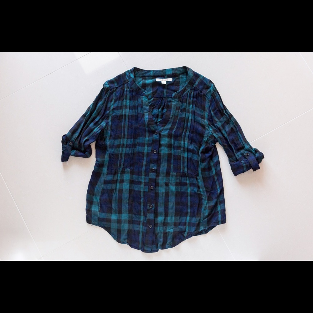 Plaid Navy Blue, Black & Green Button Down Blouse