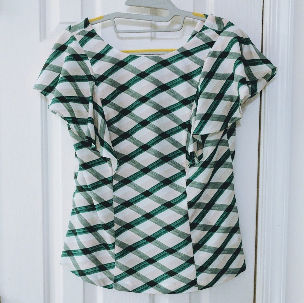 Flutter Sleeve Plaid Vee Back Top