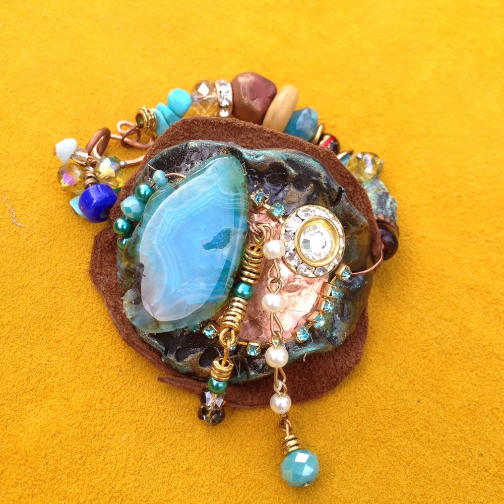 Cuff Bracelet, Agate, Copper, Leather, Beads