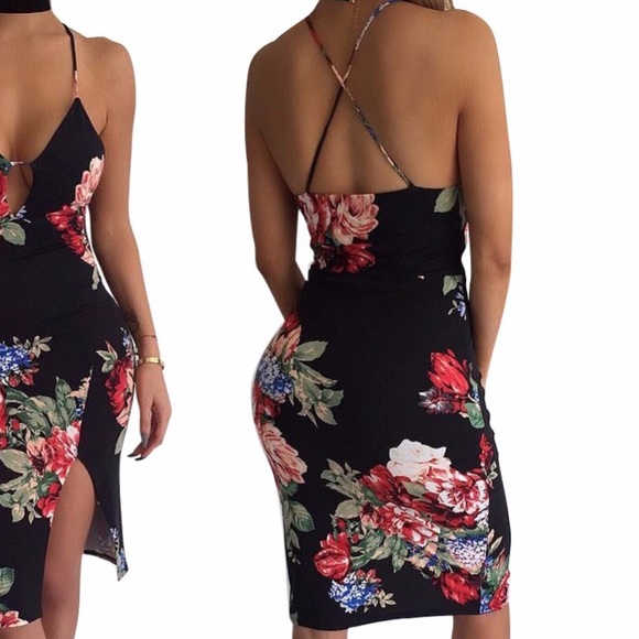 "Vanessa" || Black Floral Bodycon Split Dress 🌸 - Picture 3 of 6