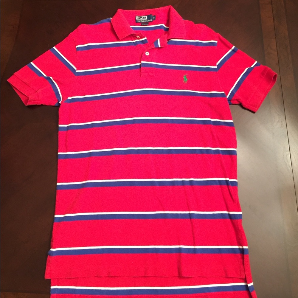 Red Ralph Lauren shirt with blue/white stripe.