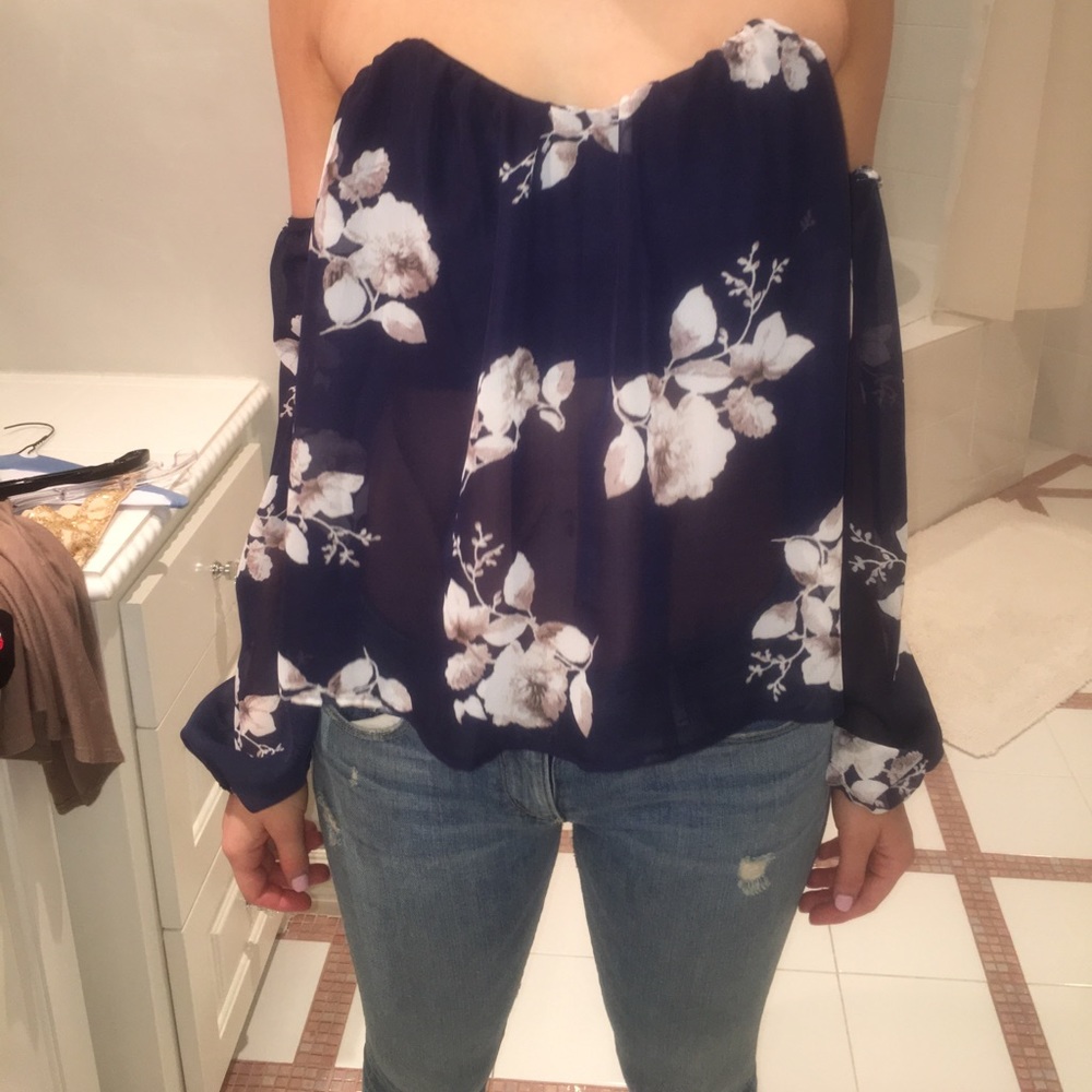 Blue and white sheer top. Built in bra