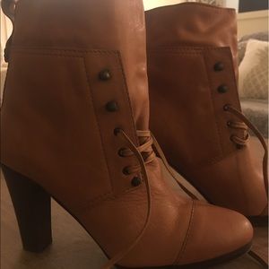 Never worn. J Crew Caramel Lace Up Booties.