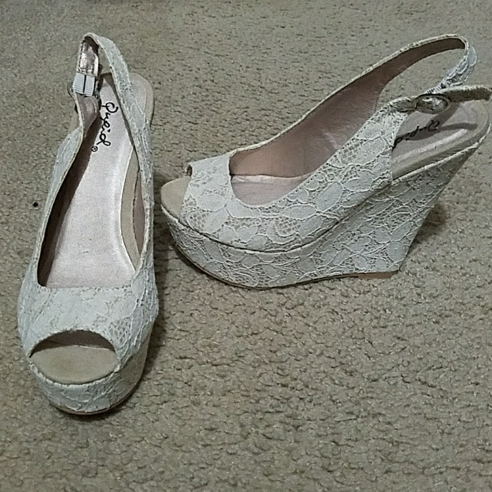 Tan and cream lace wedges