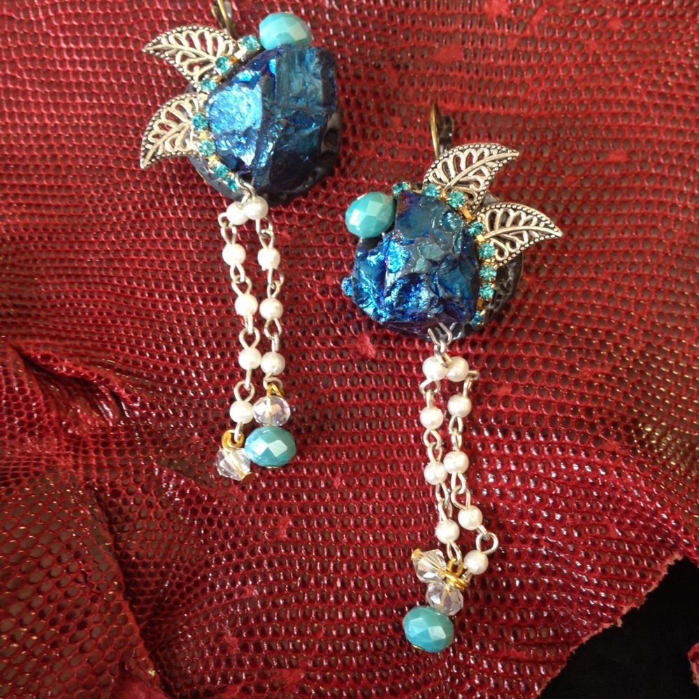 Earrings, Cobalt Blue Druzy with Dangles. 3.75"