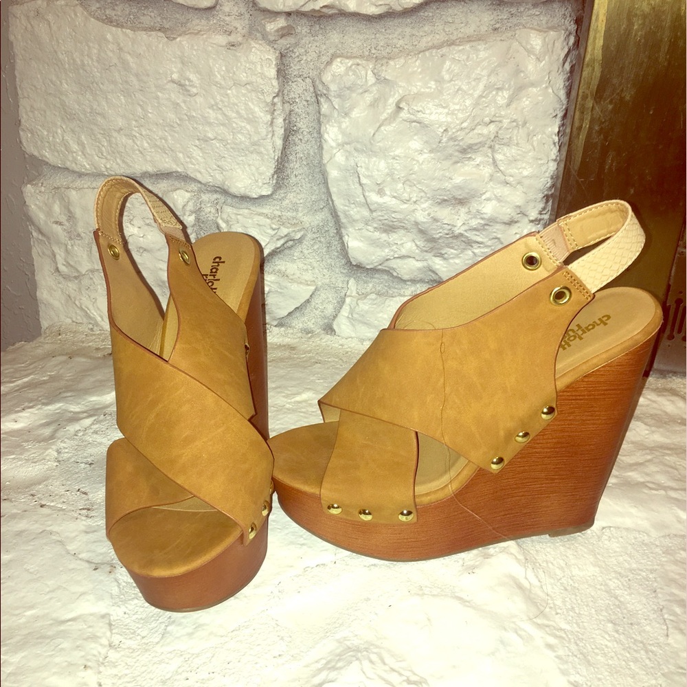 Tan Wedges, sling back with stud detail.