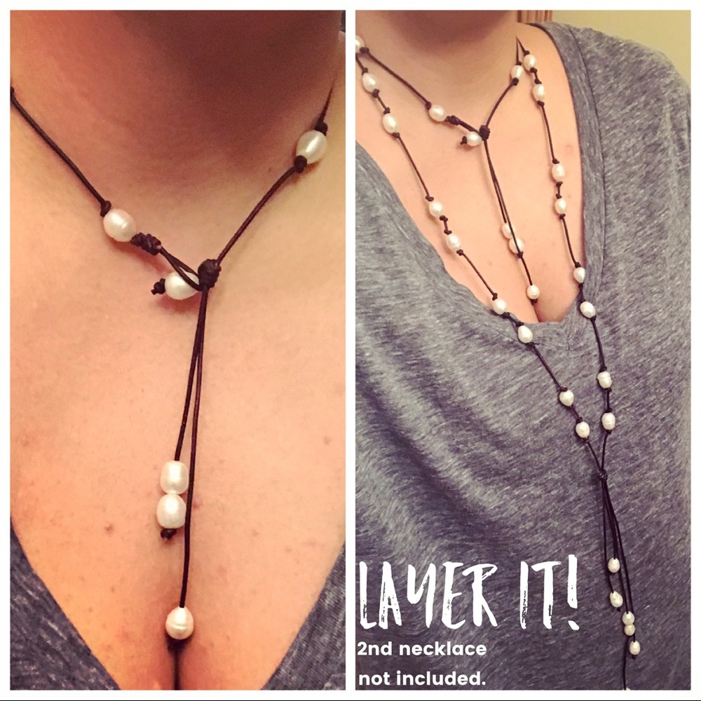 NEW Leather Freshwater Pearl Drop Boho Necklace