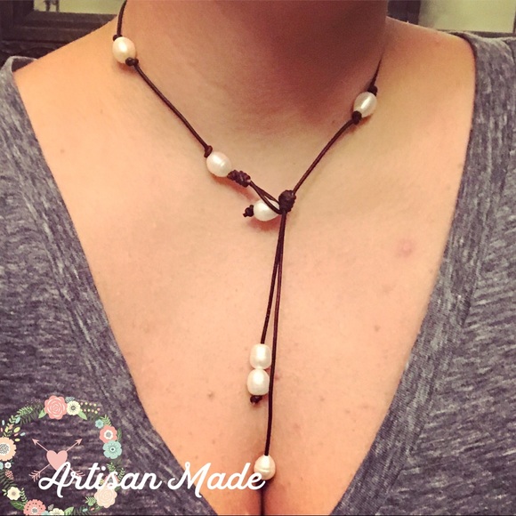 NEW Leather Freshwater Pearl Drop Boho Necklace - Picture 2 of 9